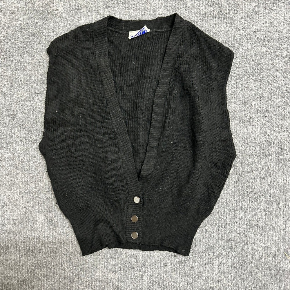 Sears Cardigan Vest Womens Size M Black Knit V-Neck Front Classic Layering